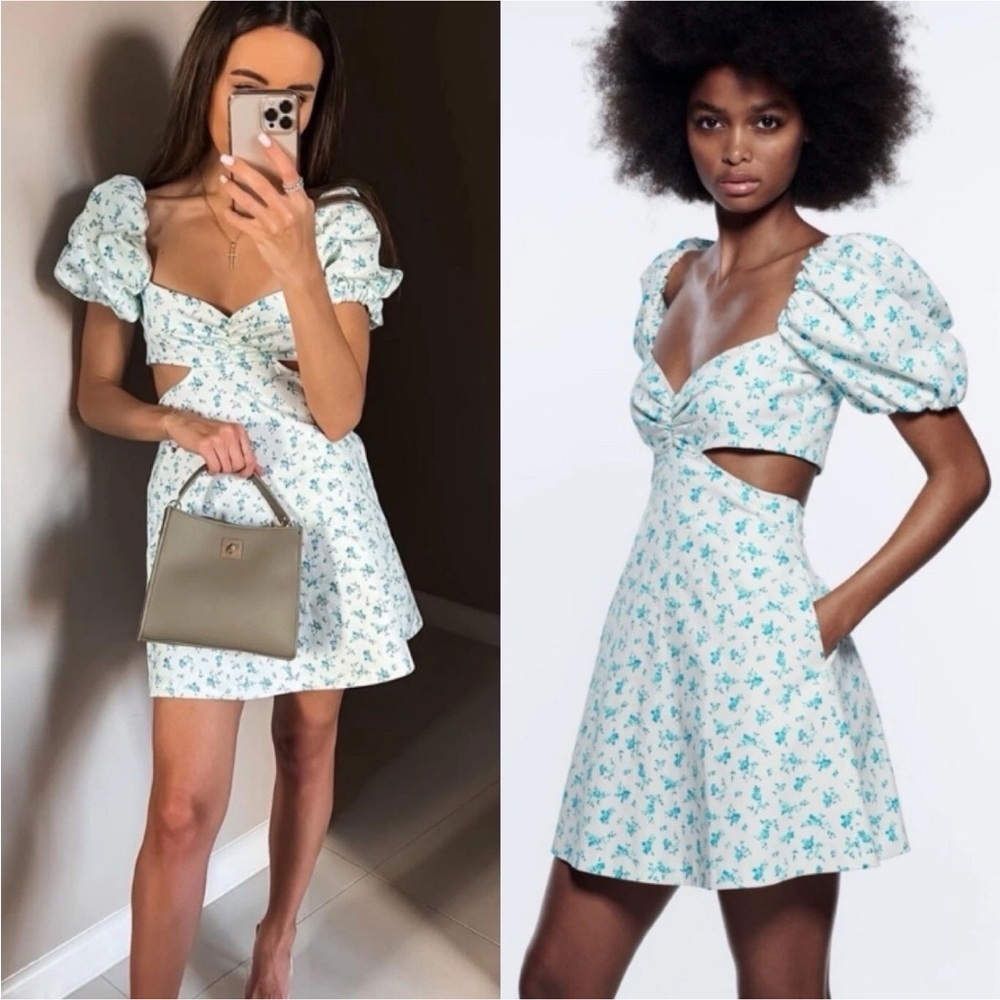 Zara White and Blue Floral Puff Sleeve Mini Dress